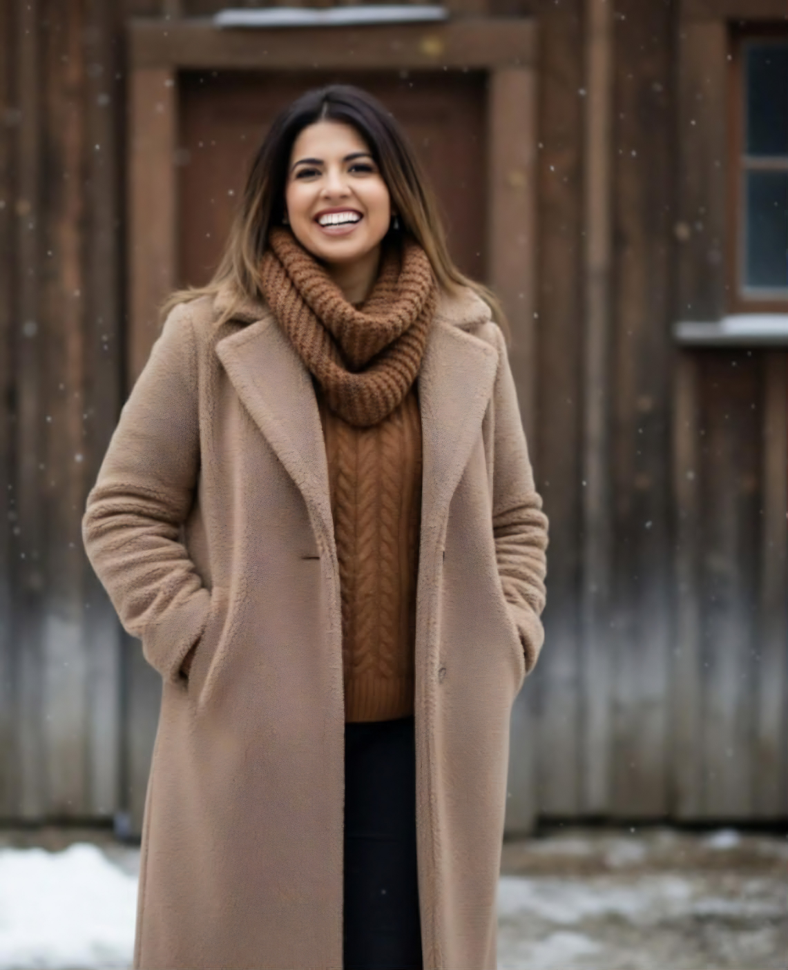 Shaheen Moledina, Candidate for Ward 4 Councillor in the Town of Aurora, smiling in a professional outdoor profile photo during a snowy winter day.
